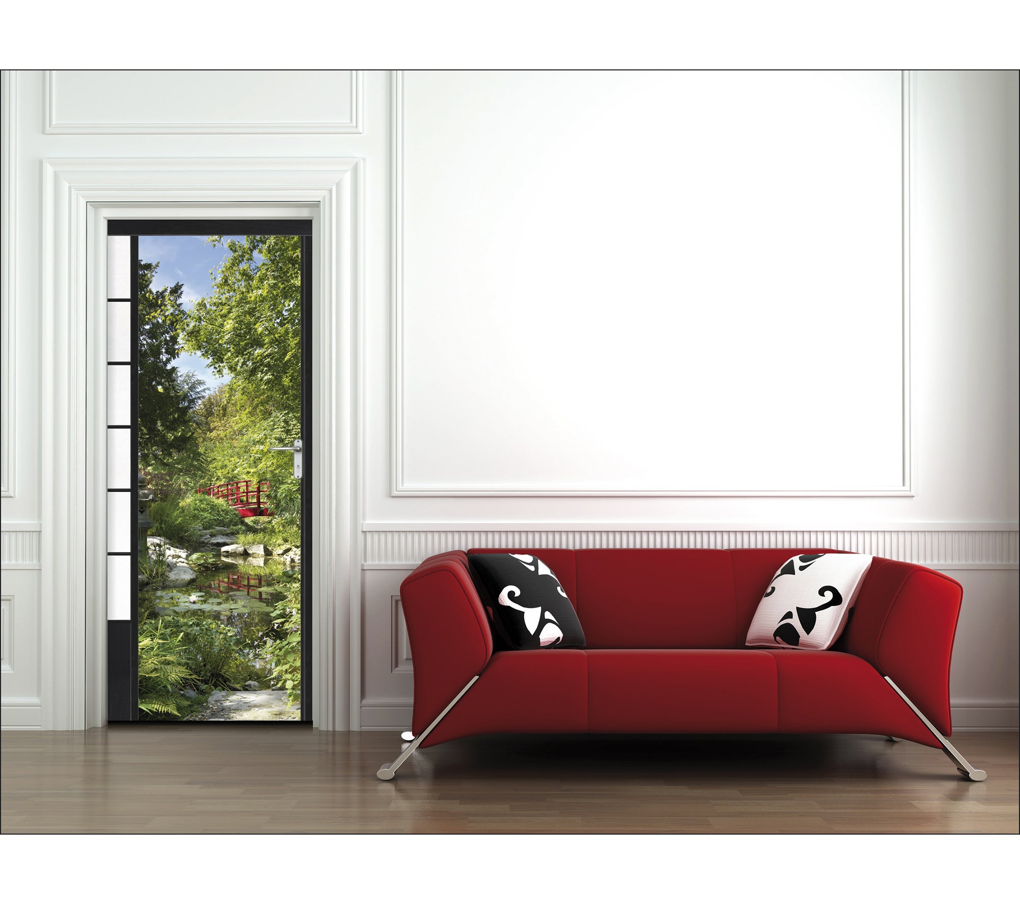 Vinilo para puerta, puerta corredera, jardín japonés rodeado de vegetación, nenúfares, 204 cm