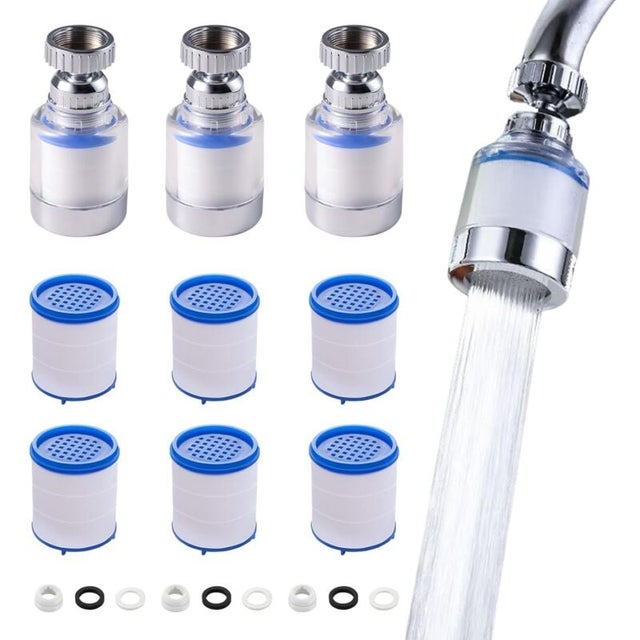 3 Pièces Filtre Robinet Anti Calcaire Rotatif À 360°, Transparent, Avec 6 Éléments Filtrants En Coton Pp, Filtre Robinet