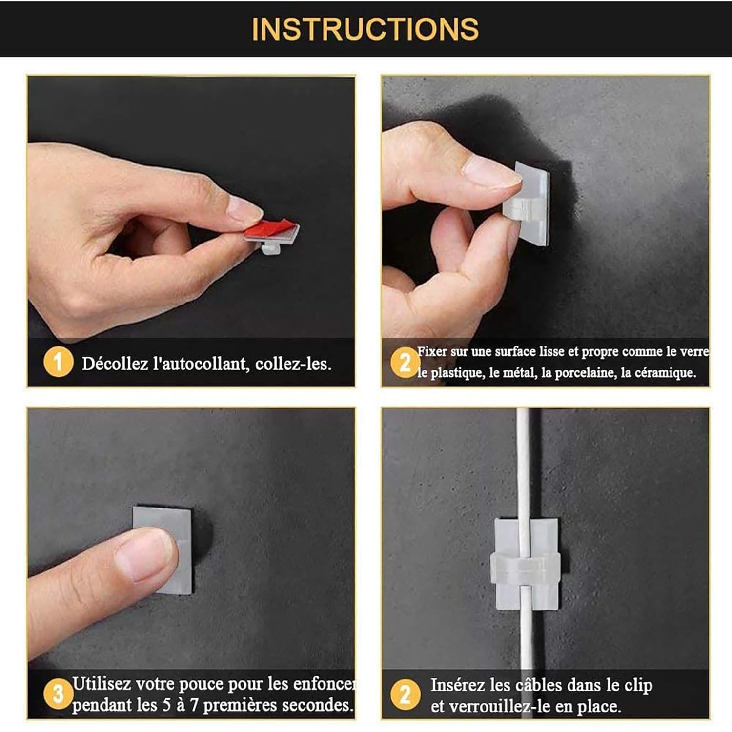 100PCS Clips Câble Adhésif 3M Résistants, Organisateur de Câbles Universel pour Bureau, Voiture, Fixation Accroche Câble Mural Électrique Réglable - 4