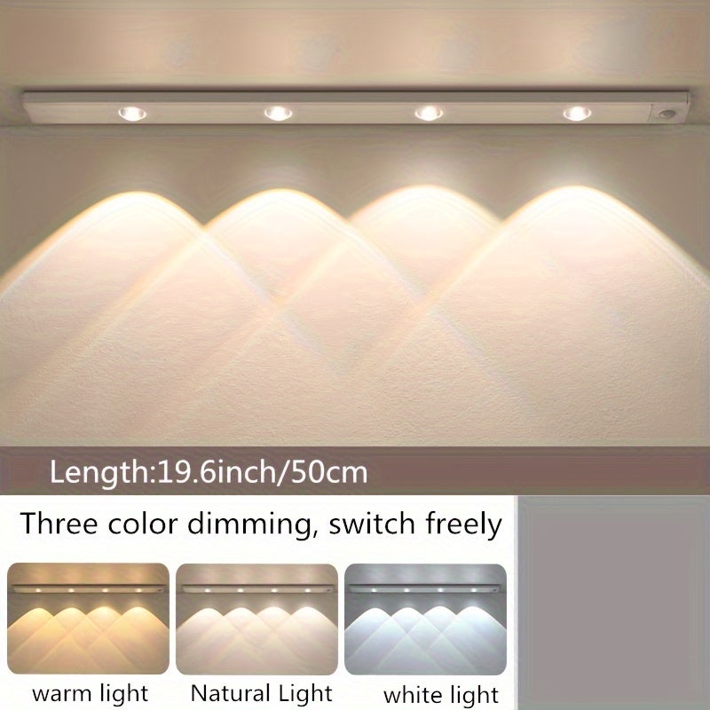 3-kolorowa listwa LED o regulowanej jasności, mała bezprzewodowa lampka nocna 50 cm, czujnik ruchu, ładowalna, do kuchni i szafy