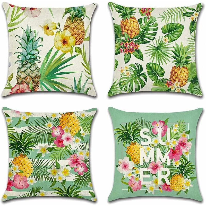 45x45cm, funda de cojín, juego de 4 fundas de cojín de sofá con patrón de plantas tropicales y piñas para decoración de jardín, sala de estar y dormit