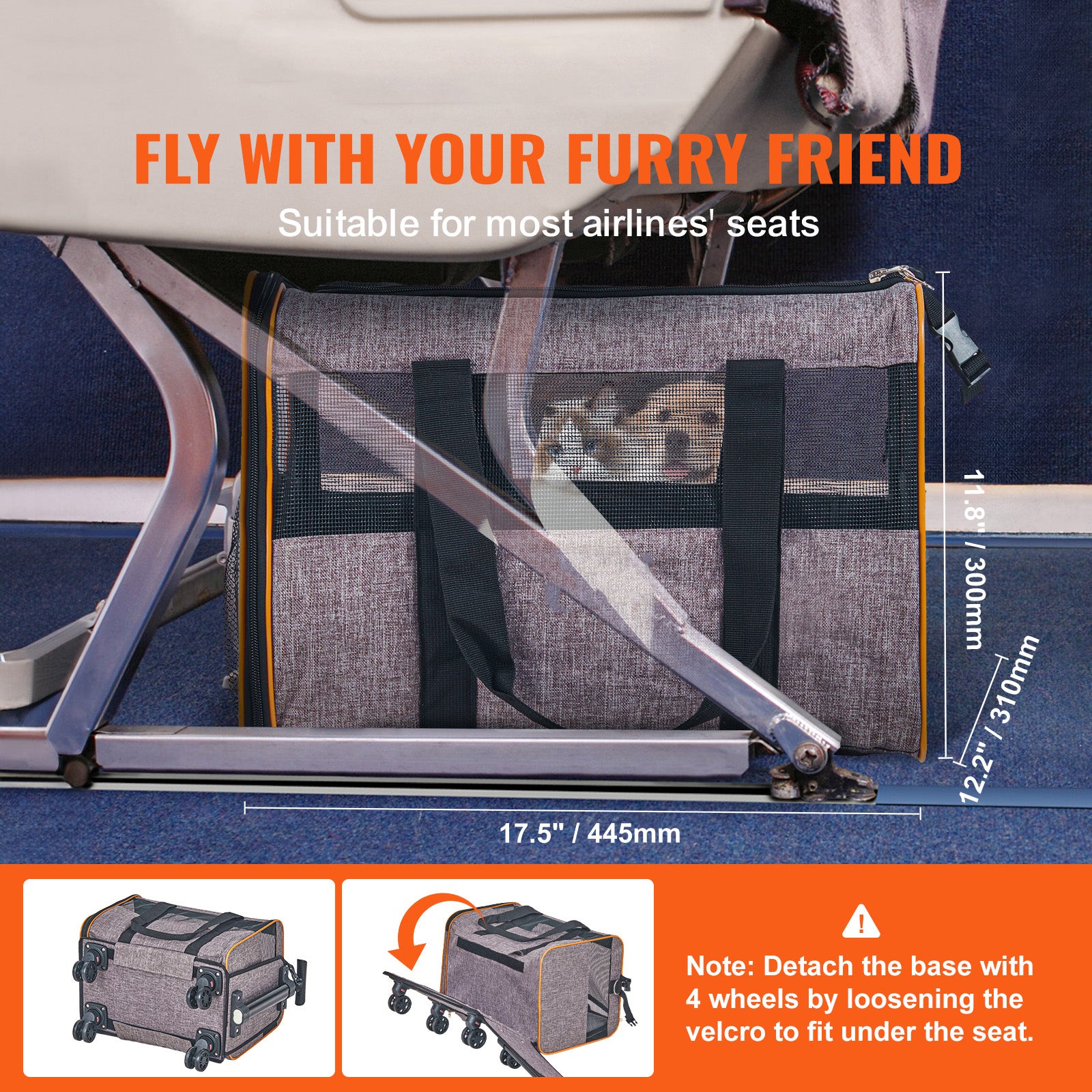 Bolsa de transporte para gatos SucceBuy com rodas, aprovada por companhias aéreas, com alça telescópica e bandoleira, até 10 kg, cinza - 4