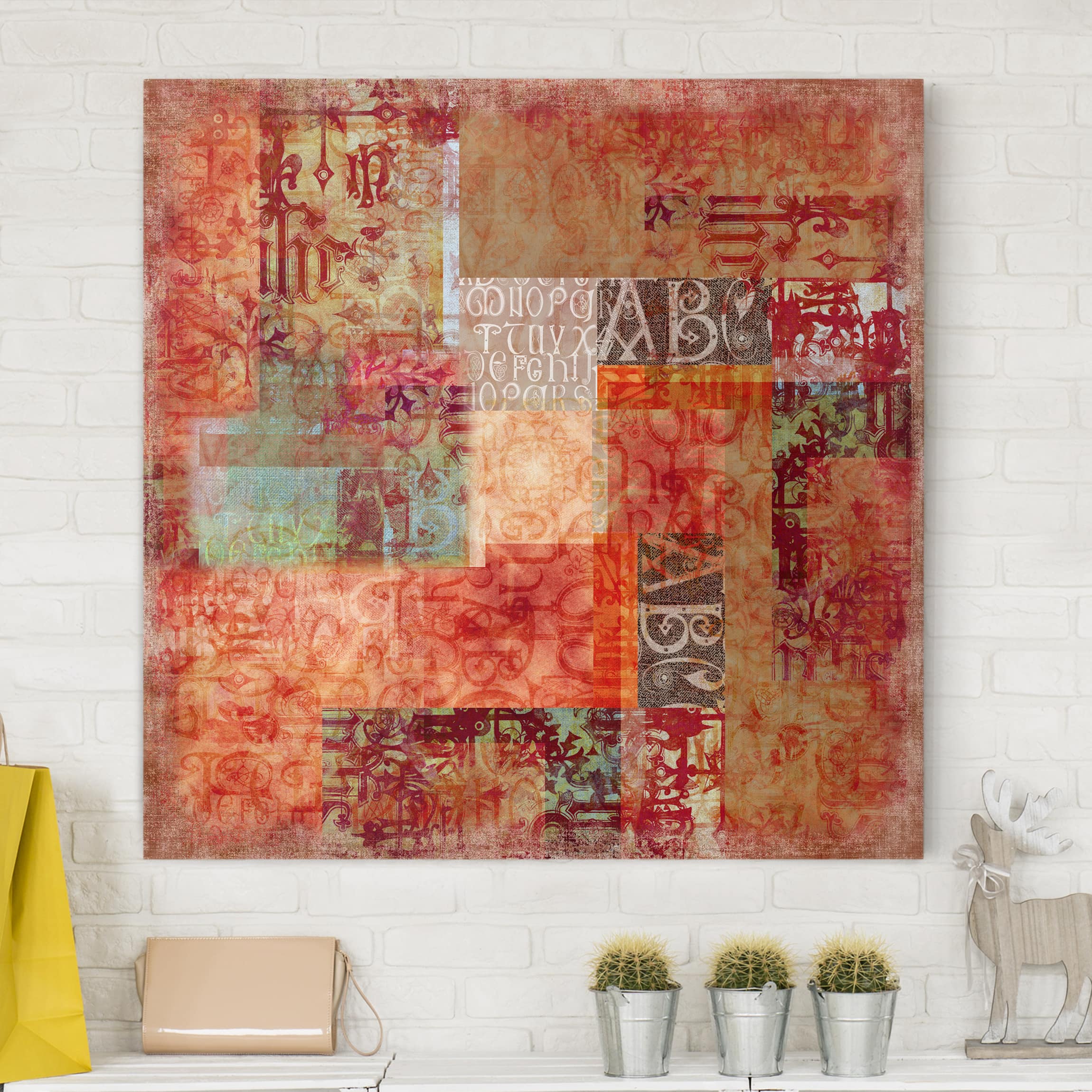 Lienzo cuadro en lienzo bastidor impresion en lienzo rojo shabby fotomontaje letras 123 cuarto de baño dormitorio salón pasillo 60 x 60 cm