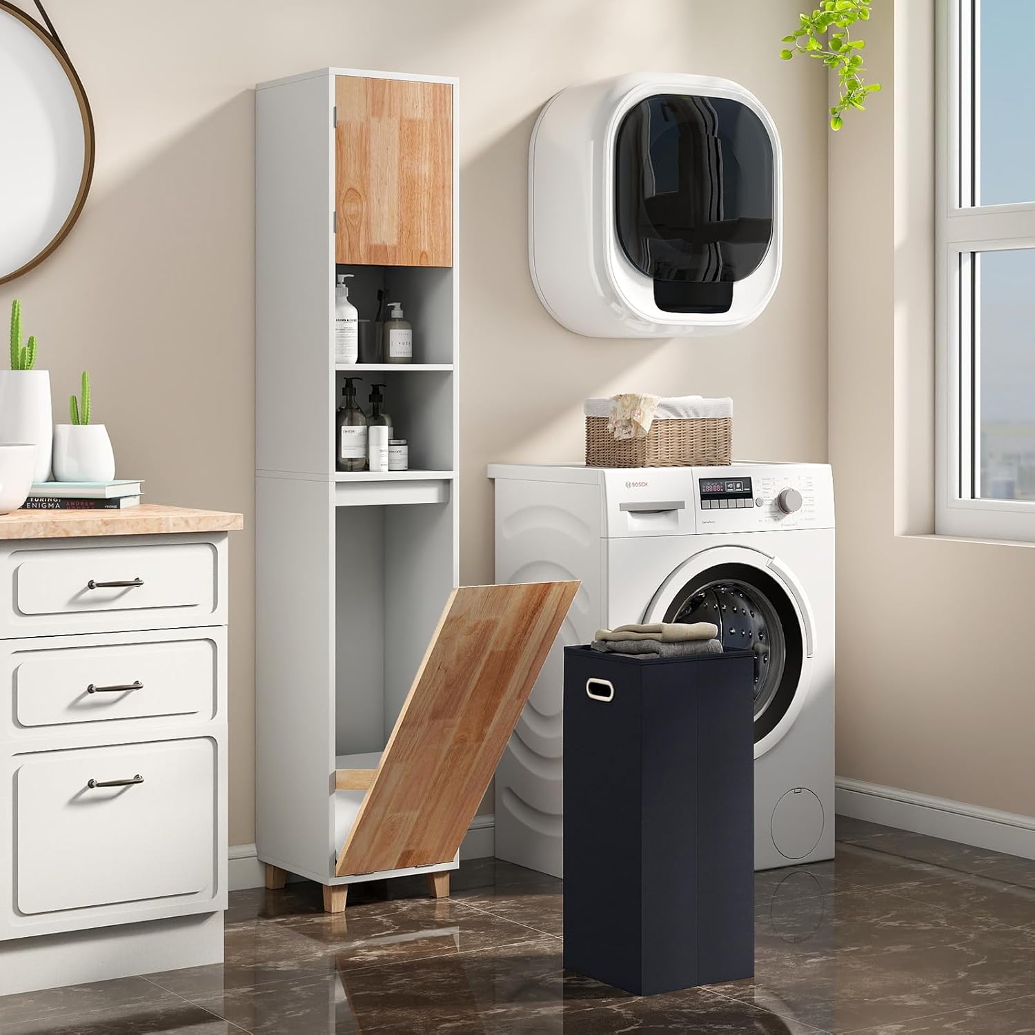 Armadietto da bagno, autoportante, con cesto portabiancheria e scomparti aperti, sottile per bagno, soggiorno e balcone, 32 x 31 x 170,5 cm - 2