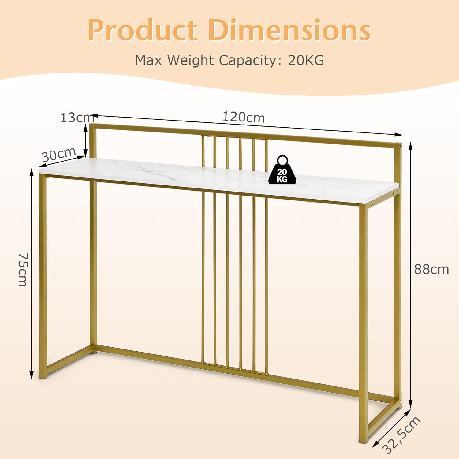 Consolas e mesas de sofá, com hastes reforçadas, armário para guardar objetos para sala de estar e entrada, 120x32,5x88 cm, branco e dourado - 3