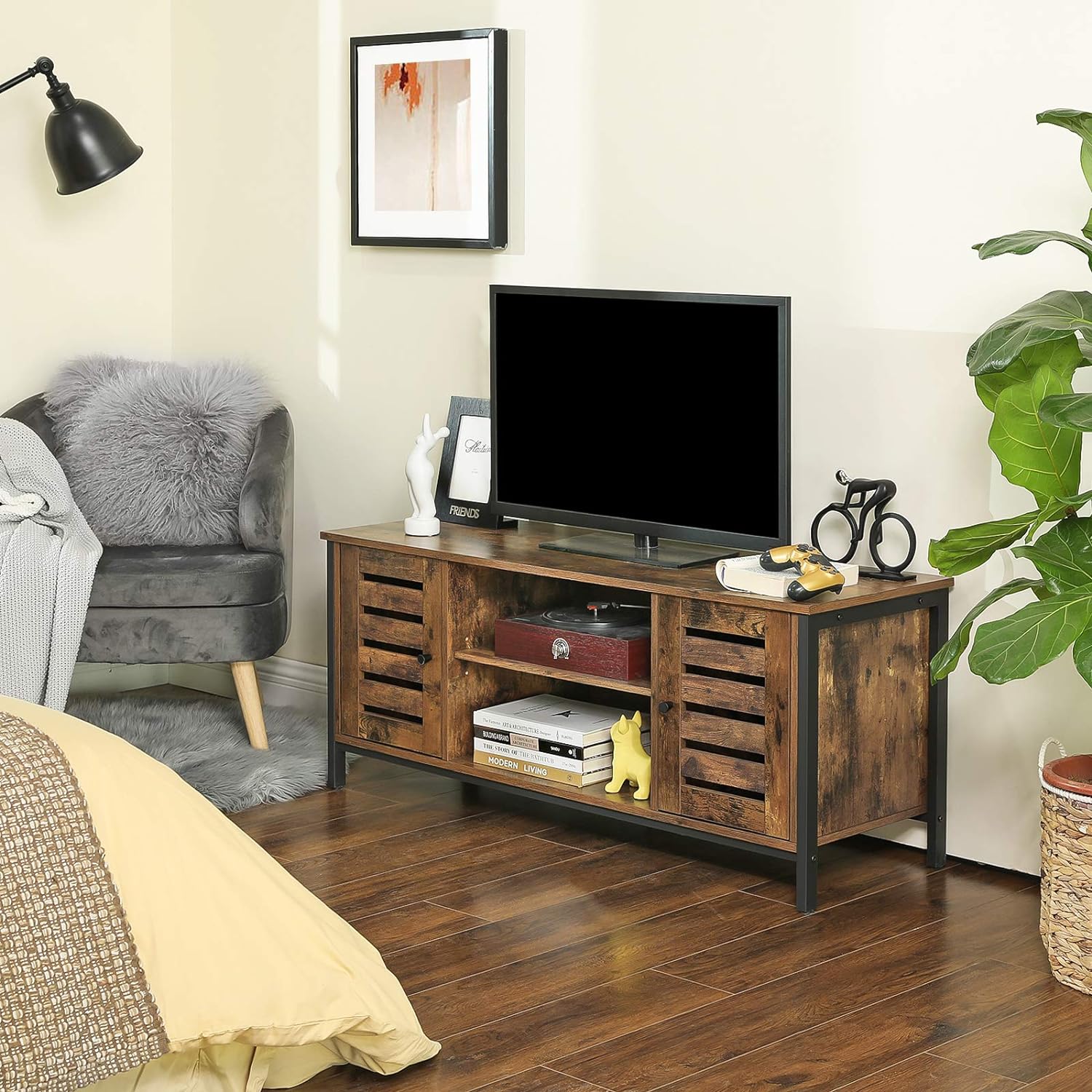 Genérico Marrón Mueble De Tv De Madera Y Metal Con Puertas De Persiana - Imagen 3