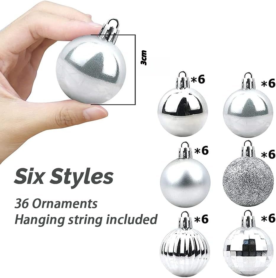 conjunto de 36 bolas de Natal de prata sortidas (3 cm de diâmetro), decorações de árvore de Natal inquebráveis, decorações de festa de casamento - 2