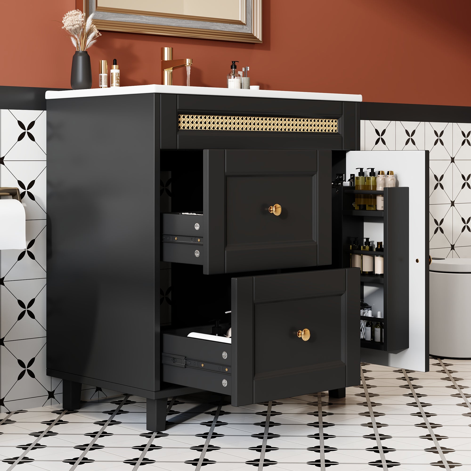 Szafka łazienkowa z pojedynczą umywalką, 1 drzwiami i 2 szufladami - 76 x 46 x 86,5 cm - umywalka z płyty MDF i ceramiki - czarna