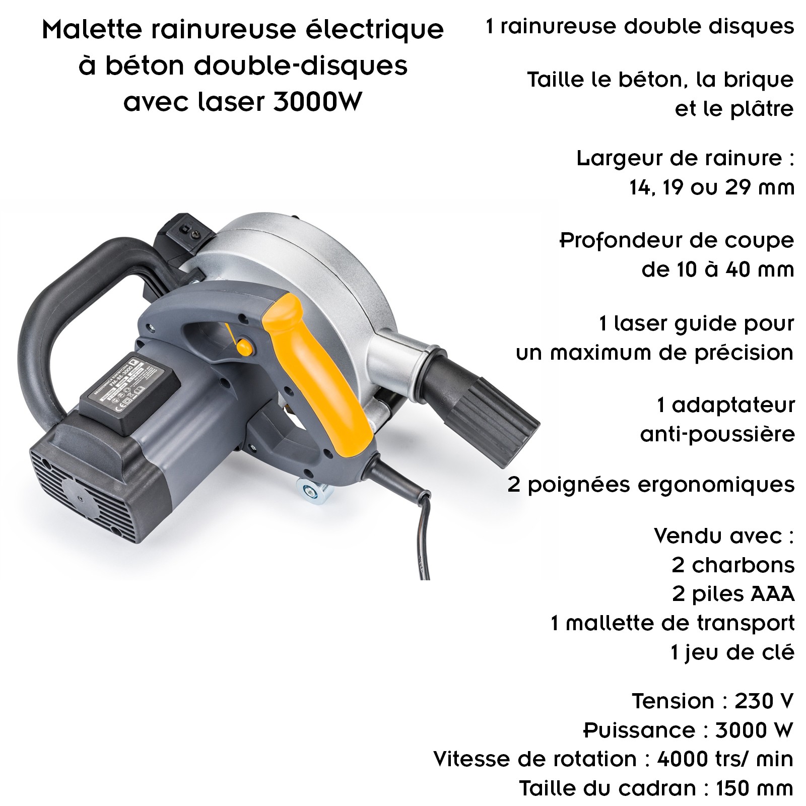 Mallette rainureuse électrique à béton double disques avec laser 3000W - 2