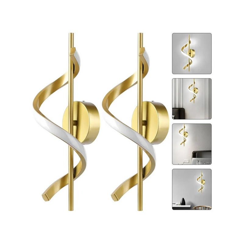 Współczesna Lampa Ścienna 12W LED - Kinkiet Spiralny - Białe Światło, Do Salonu, Sypialni, Na Schody - Złoty - 2 sztuki