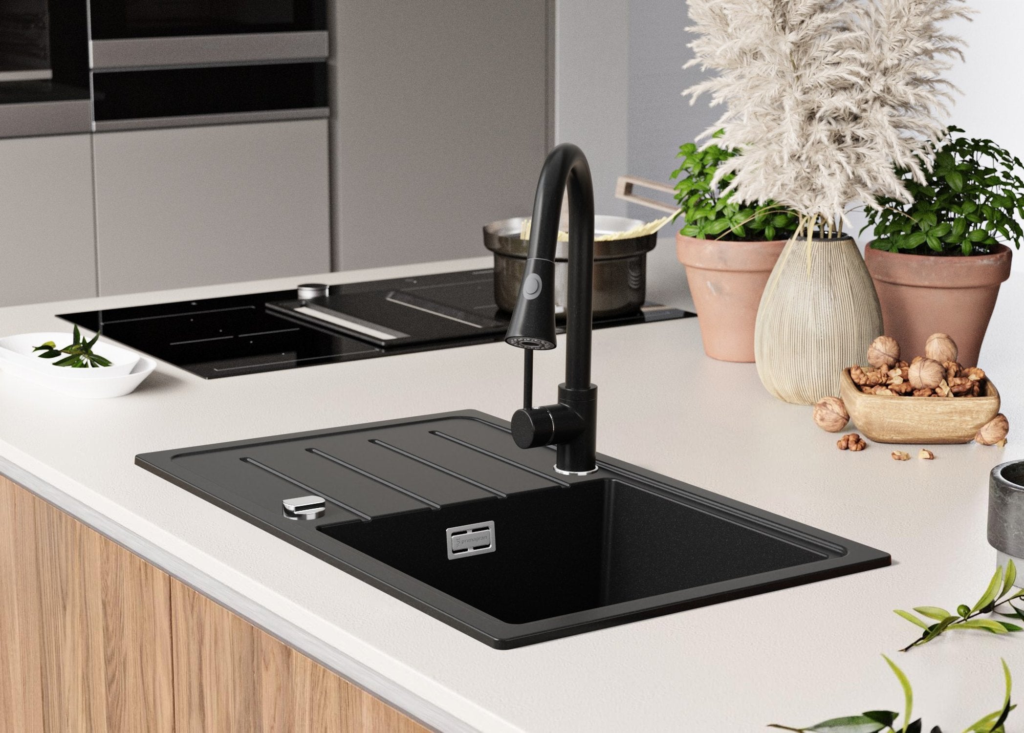 Evier Cuisine en Granit Noir 70x44cm, Lavabo 1 bac + Kit de Vidage, Évier à Encastrer au meuble 45cm - Copenhague Easy PRIMAGRAN - 8