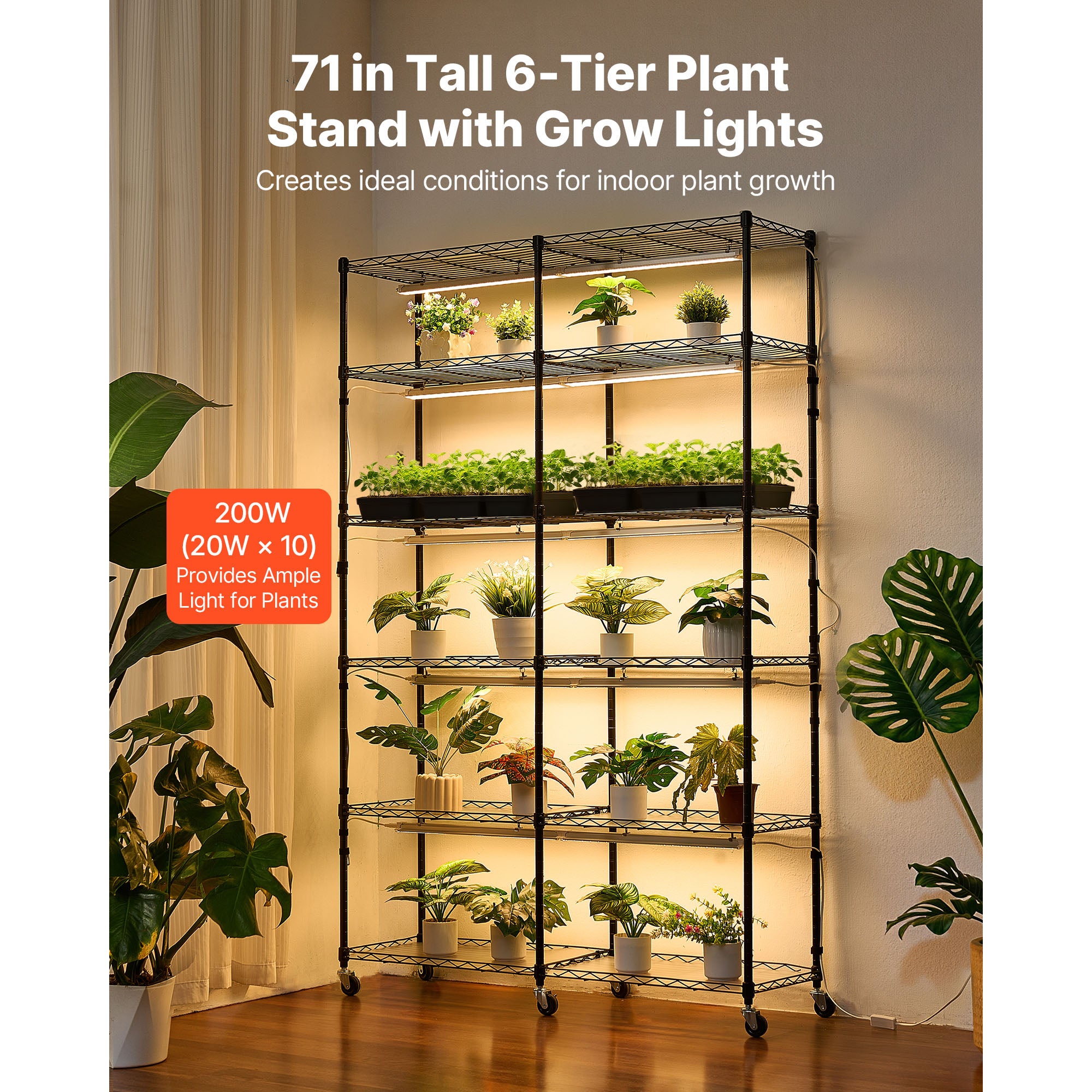 Support plantes deinterieur SucceBuy avec lampe de croissance, etagere metallique a 6 niveaux, hauteur de 180 cm, puissance de 200 W, equipe roulettes - 2