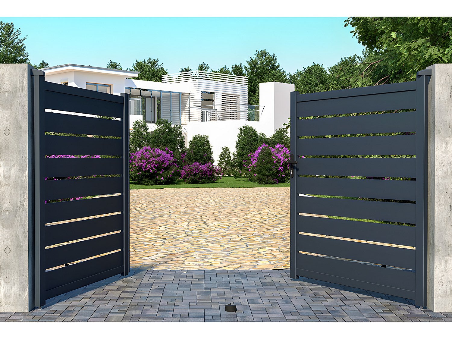 Brama wjazdowa rozwierna PRIMO, ażurowa, z aluminium w kolorze antracytowym – 300 ×&amp;nbsp;176 cm (szer. × wys.)
