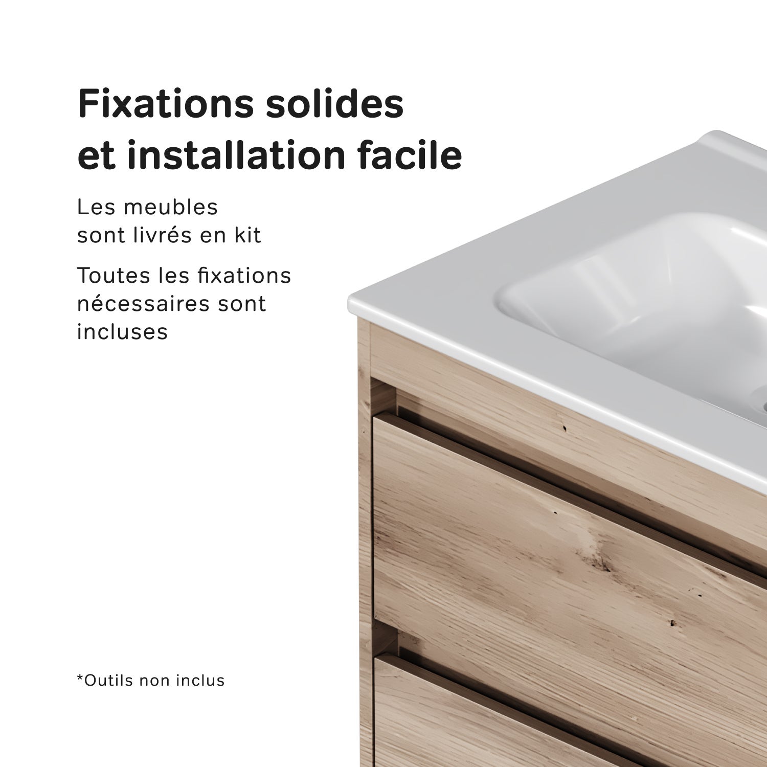 Meuble salle de bains suspendu 60 cm effet bois clair avec lavabo intégré, 2 tiroirs, design, chêne clair texturé – AM.PM - 7