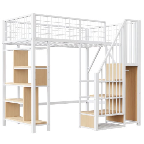 Lit mezzanine multifonction 90 x 200 cm, lit en métal avec rangements, étagères et escalier, lit adulte et lit enfant, blanc - 9