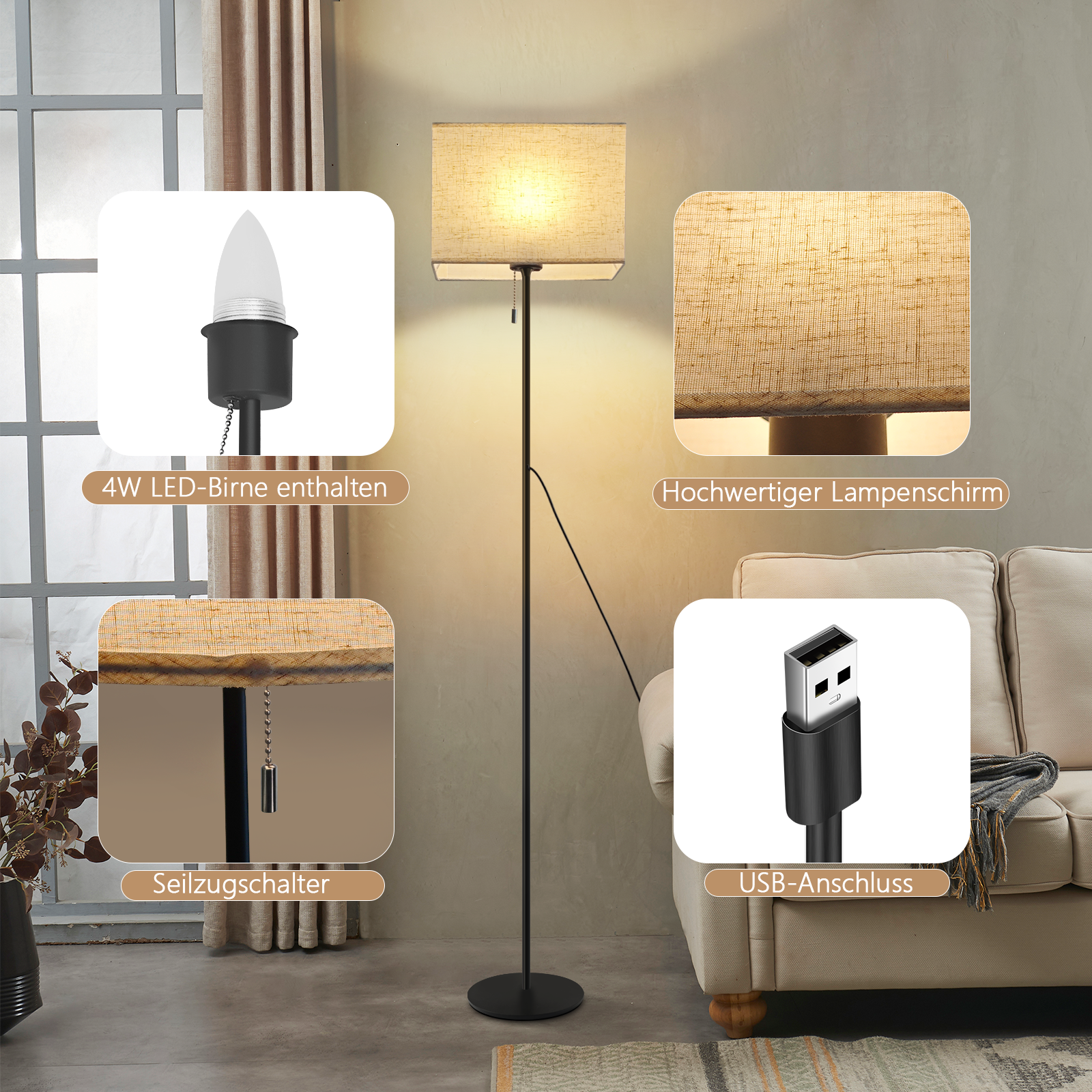 NETTLIFE Lampadaire LED à Intensité Variable Rétro Abat-jour En Tissu Pour Salon, Avec Interrupteur à Tirette - 5