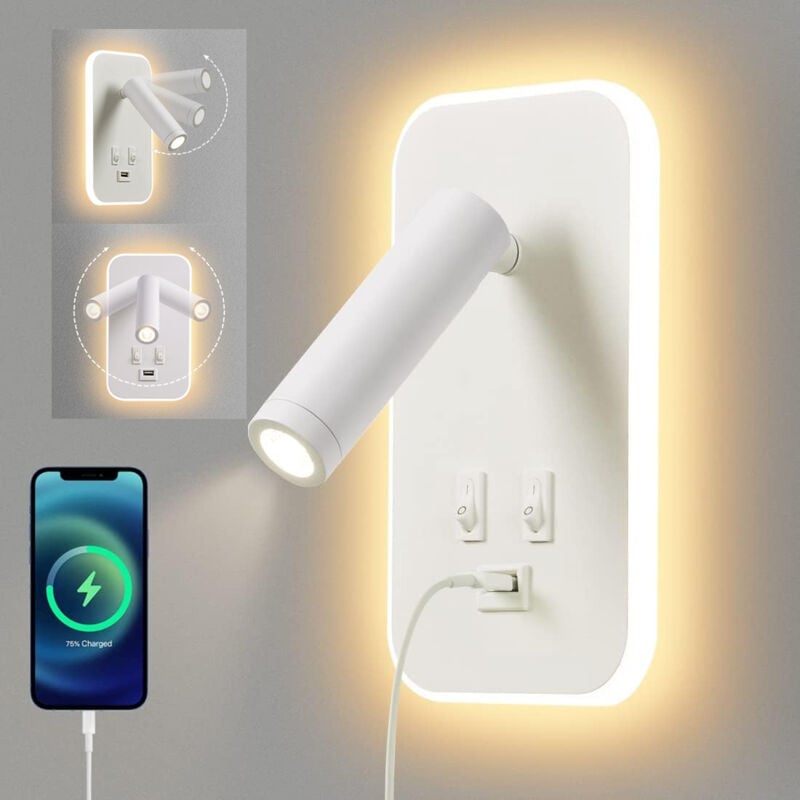 2 Lampes De Chevet Noires à Bras Articulé - 3W LED Blanc Chaud, Interrupteur Bouton, Rotation 360° - 14