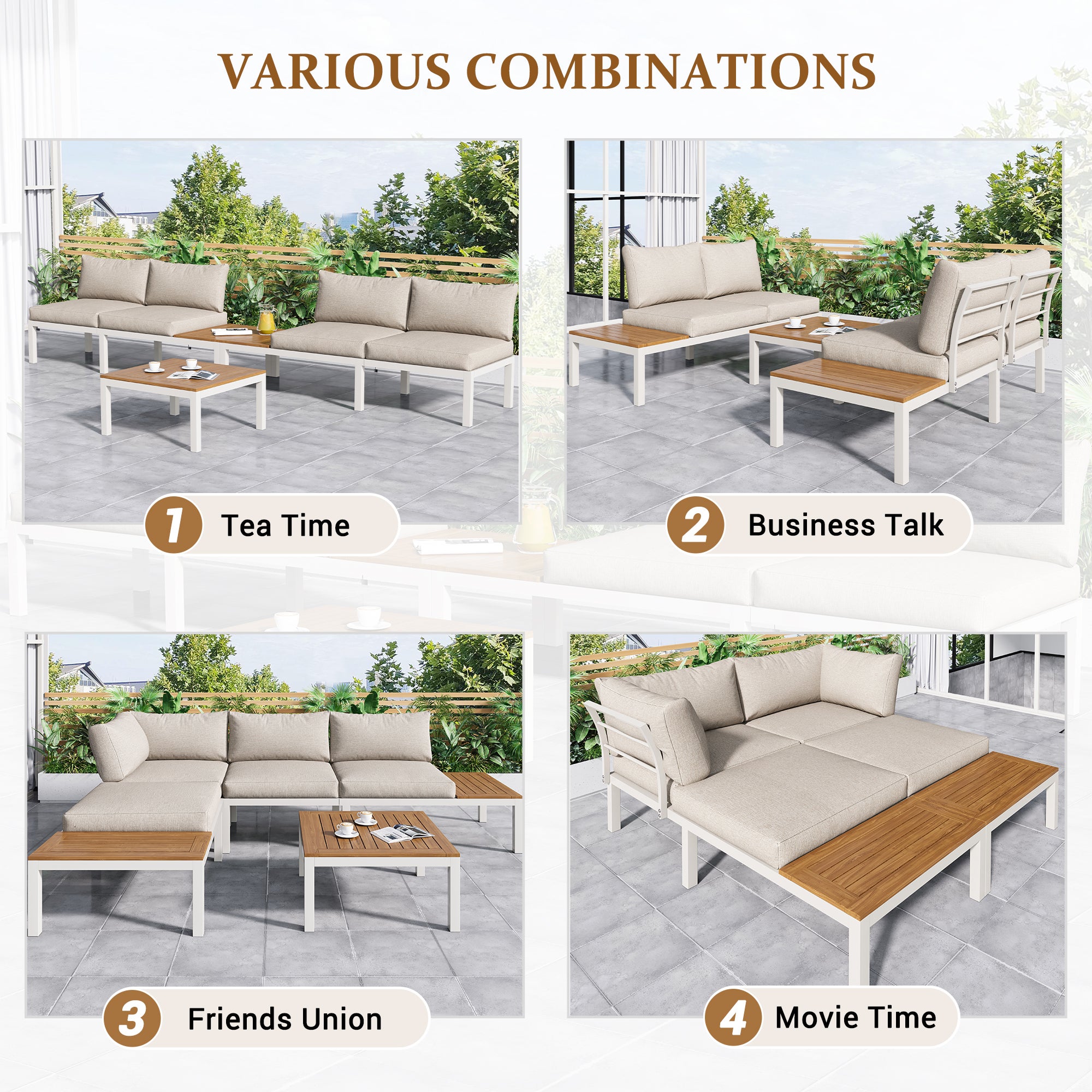Salon de jardin multifonctionnel en Acier galvanisé et décoré de Bois d'Acacia - 4 places - canapé d'angle et 1 table basse - Beige - 9