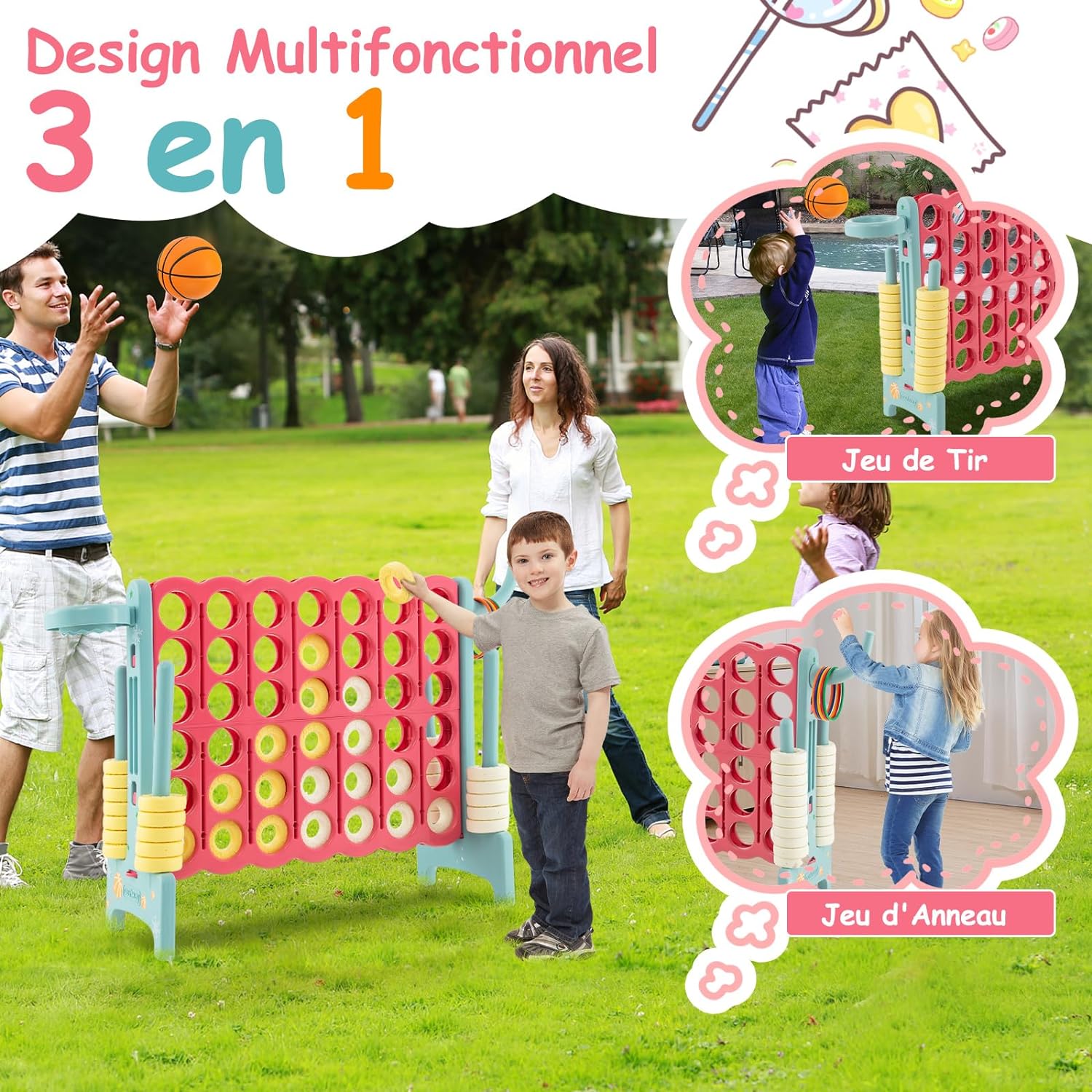 Juego 3 En 1 Conecta 4 Gigante + Baloncesto + Lanzamiento De Aros - 42 Anillas, Familiar Para Interior/exterior