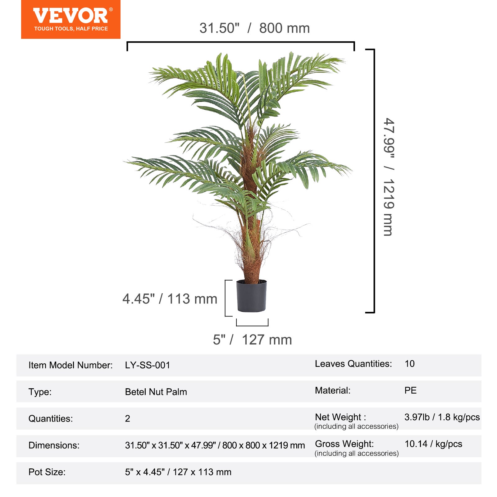 Arbre Artificiel VEVOR 1219 mm Plante Artificielle PE Palmier à Noix de Bétel 2 Faux Arbres Vert avec Pot 127x113 mm Fausse Plante Décoration - 7