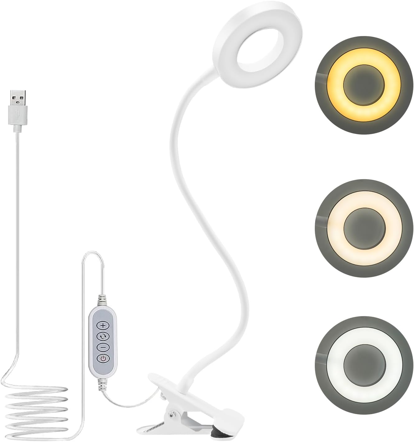Lampka do czytania z 48 diodami LED, z klipsem, regulowana jasność, lampka biurkowa z zaciskiem USB do łóżka, do nauki i pracy - Biała