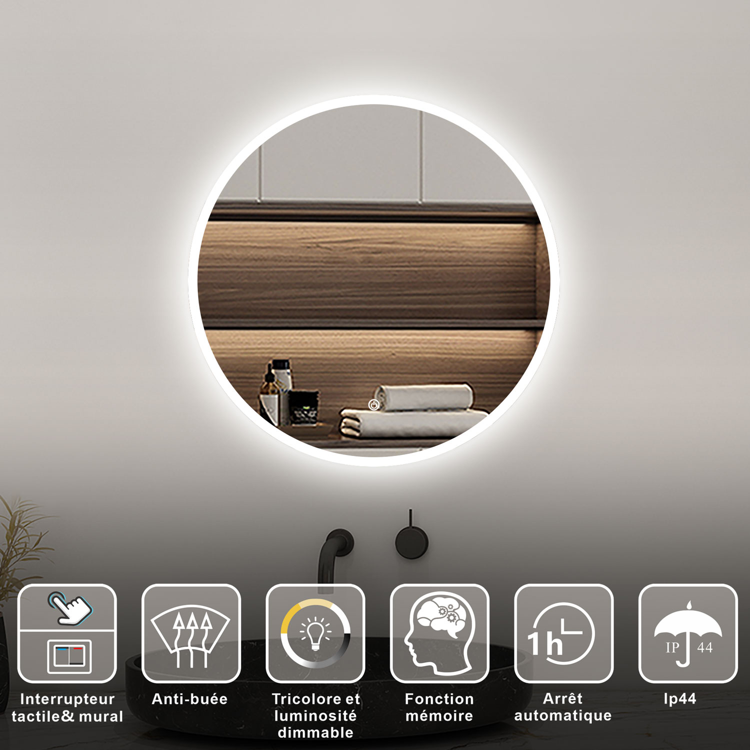AICA Miroir lumineux rond 70cm,3 couleurs + dimmable + anti-buée + mémoire, miroir salle de bain - 2