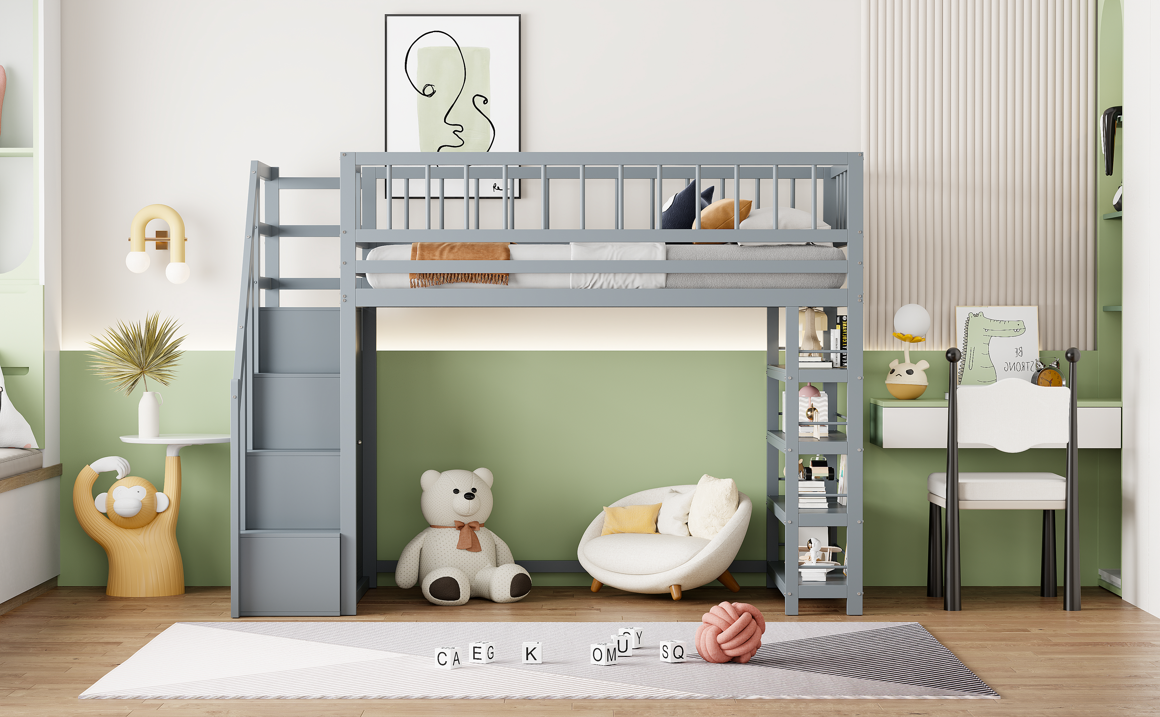 Letto a soppalco 90 x 200, ripiani e spazio di archiviazione con scala di sicurezza, letto in legno massello, grigio - 6