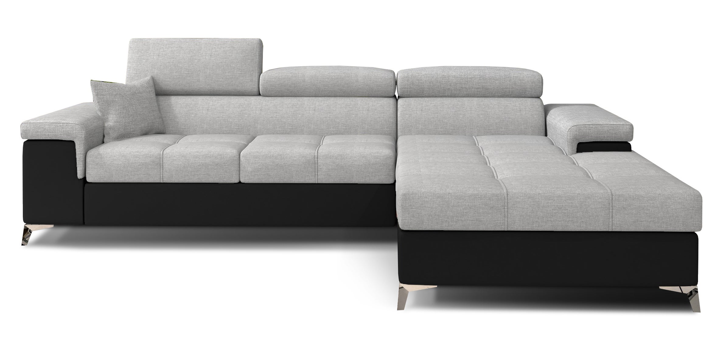 Canapé angle droit convertible tissu gris clair et simili noir avec