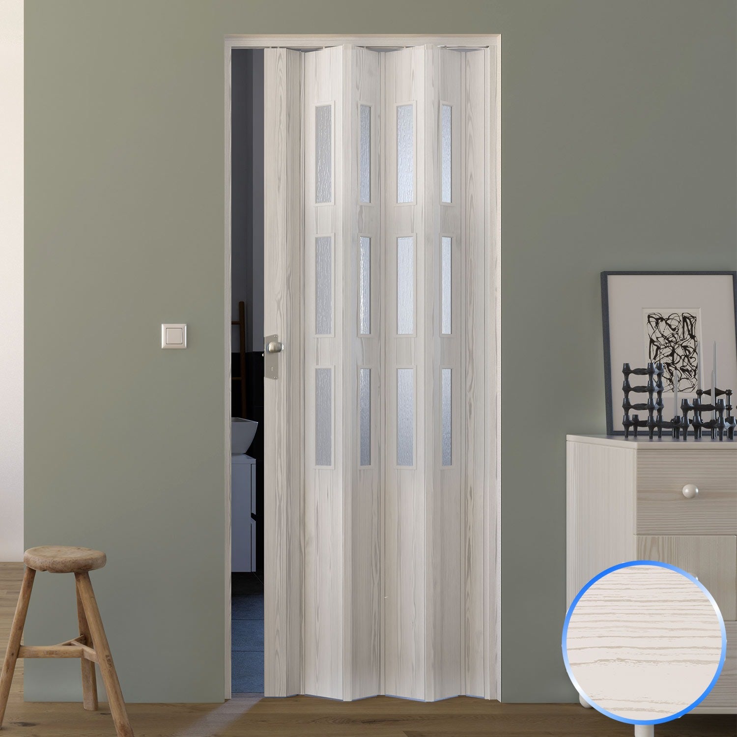 Puerta plegable de interior de pvc 88,5x214 cm pino blanqueado - vidrio satén mod.luciana