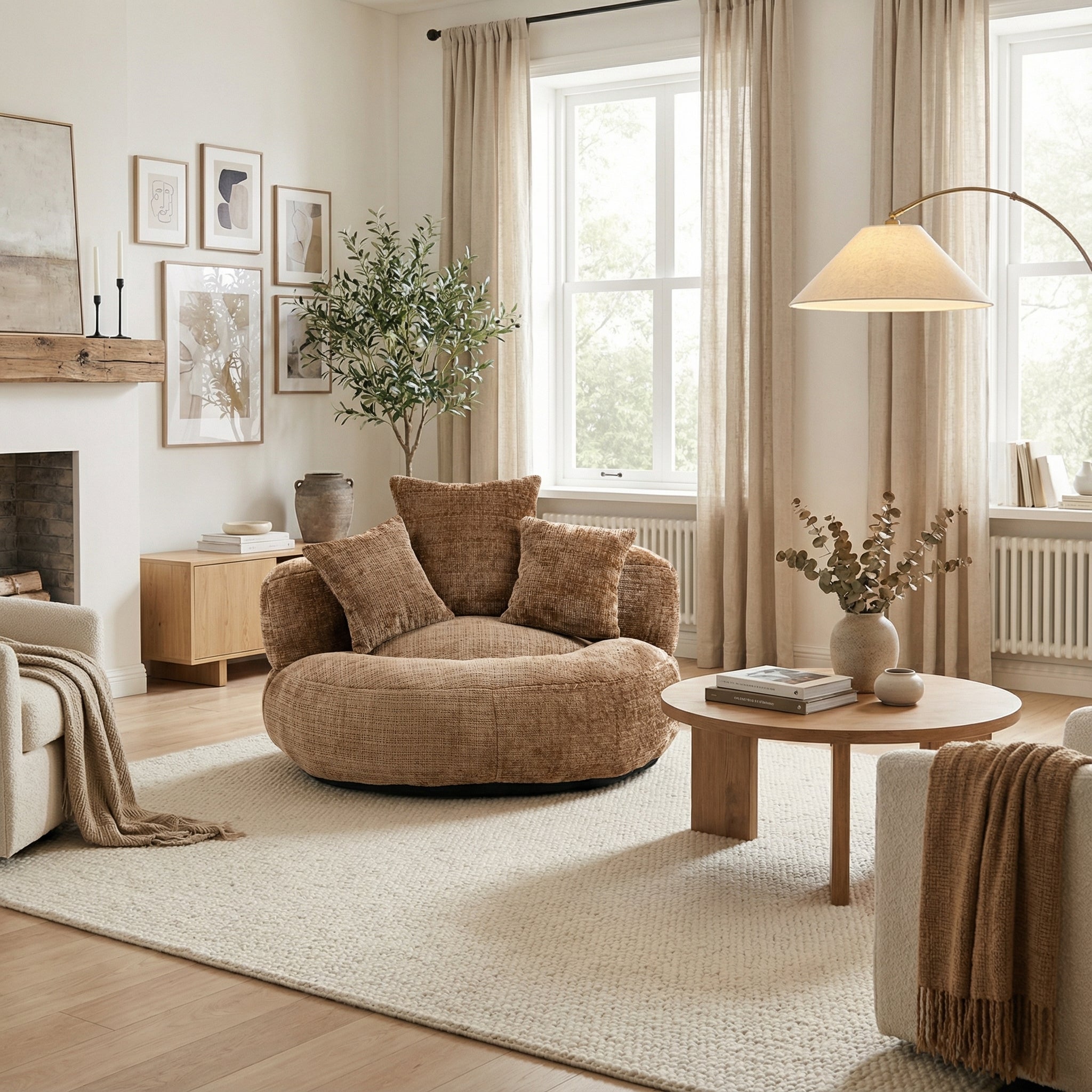 URBAN MEUBLE Pouf fauteuil rond beige en tissu chenille, bean bag confortable avec coussins pour salon et chambre - 2