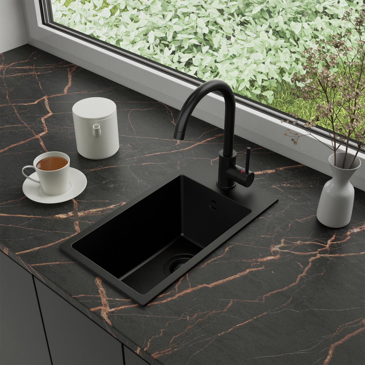Zlewozmywak Granitowy 28x50cm, do szafki od 30cm + Bateria + Syfon - Amber Cały Czarny STONESTYLE