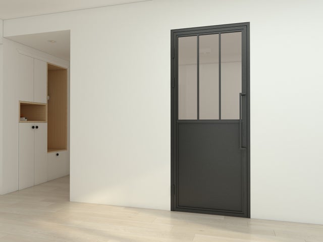 Bloc-porte fin de chantier vitré, acier noir verre transparent, H.204 x l.93 cm, SCHULTE, poussant droit, porte loft, style atelier soubassement noir