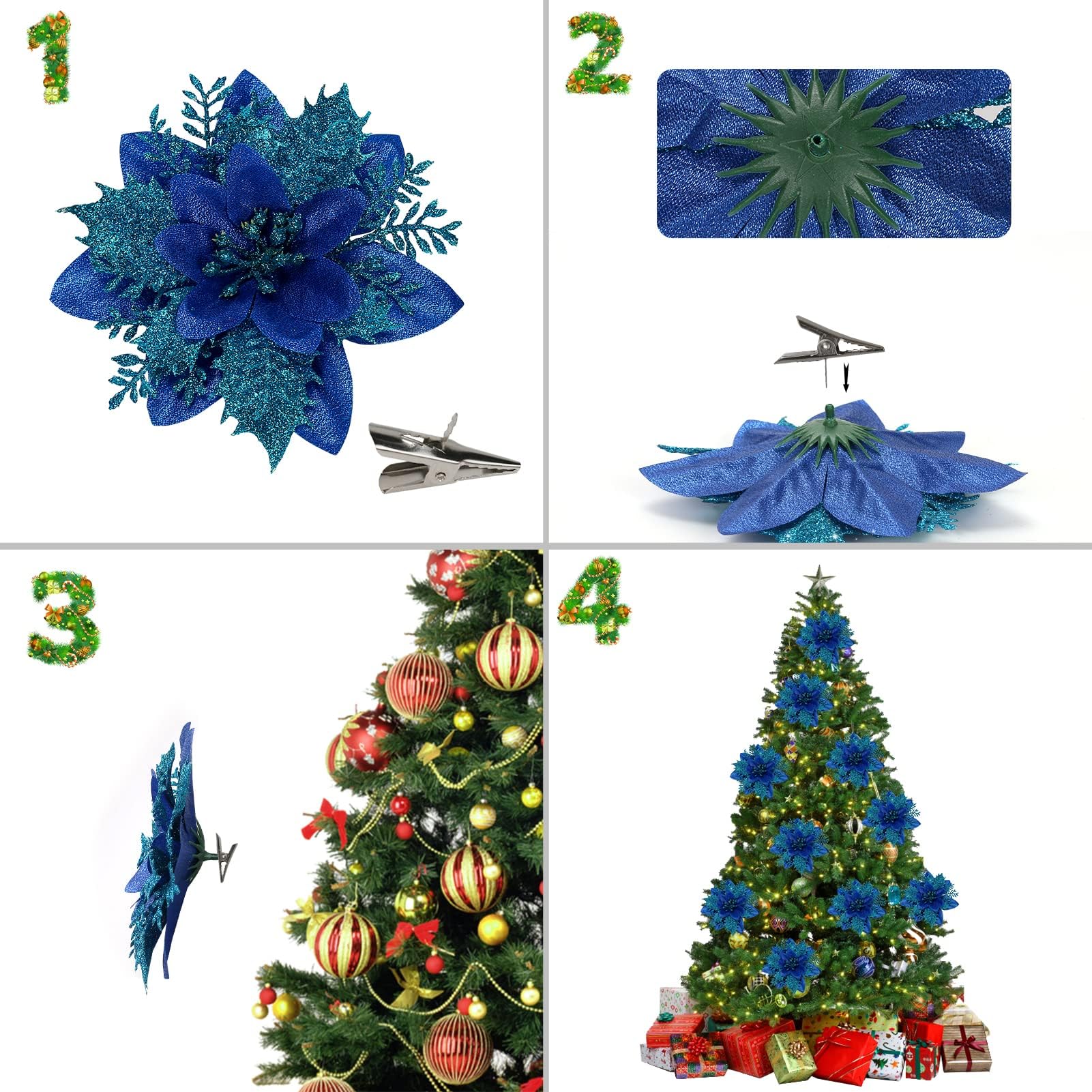 Lot de 10 décorations de Noël, fleurs artificielles scintillantes avec clips, décorations pour sapin de Noël, pendentifs de fleurs artificielles - 5
