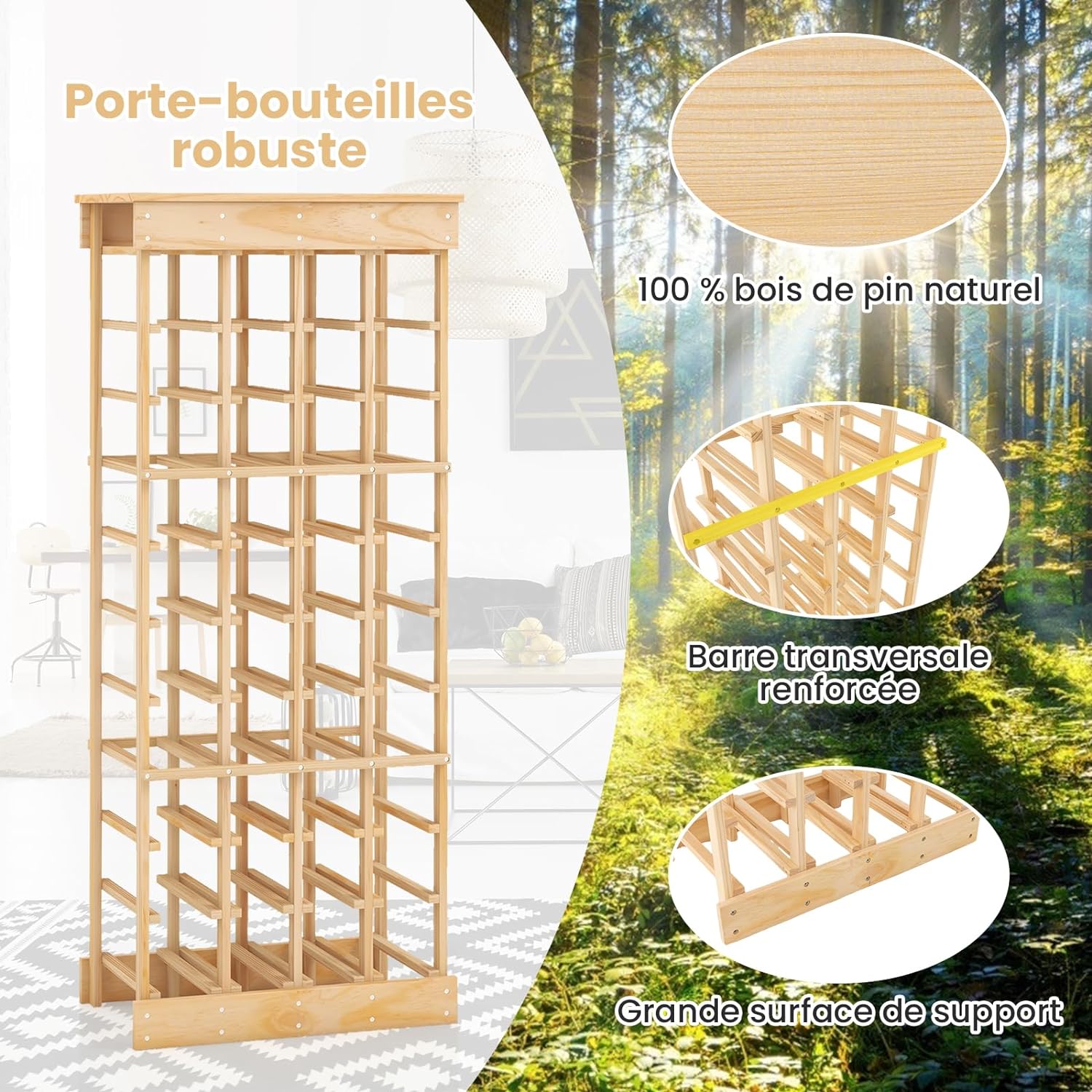 Porte-Bouteille pour 40 Bouteilles, Casier à Vin Pin Massif, Range Bouteille à l’Horizontal, 47 x 28 x 113 CM, Naturel - 5