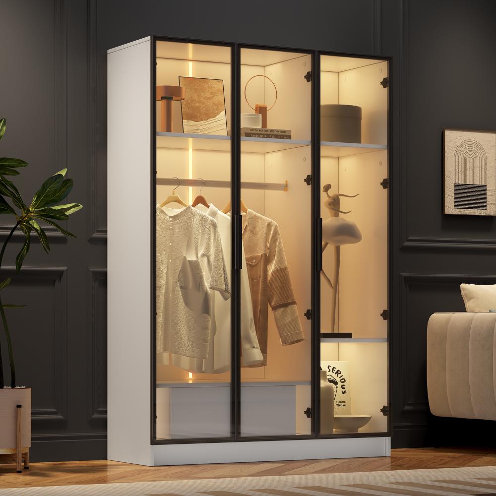 Spacious White Wardrobe with 3 Glass Doors, 1 Drawer, 1 Hanging Rod, LED Light - 11050160 cm - 7