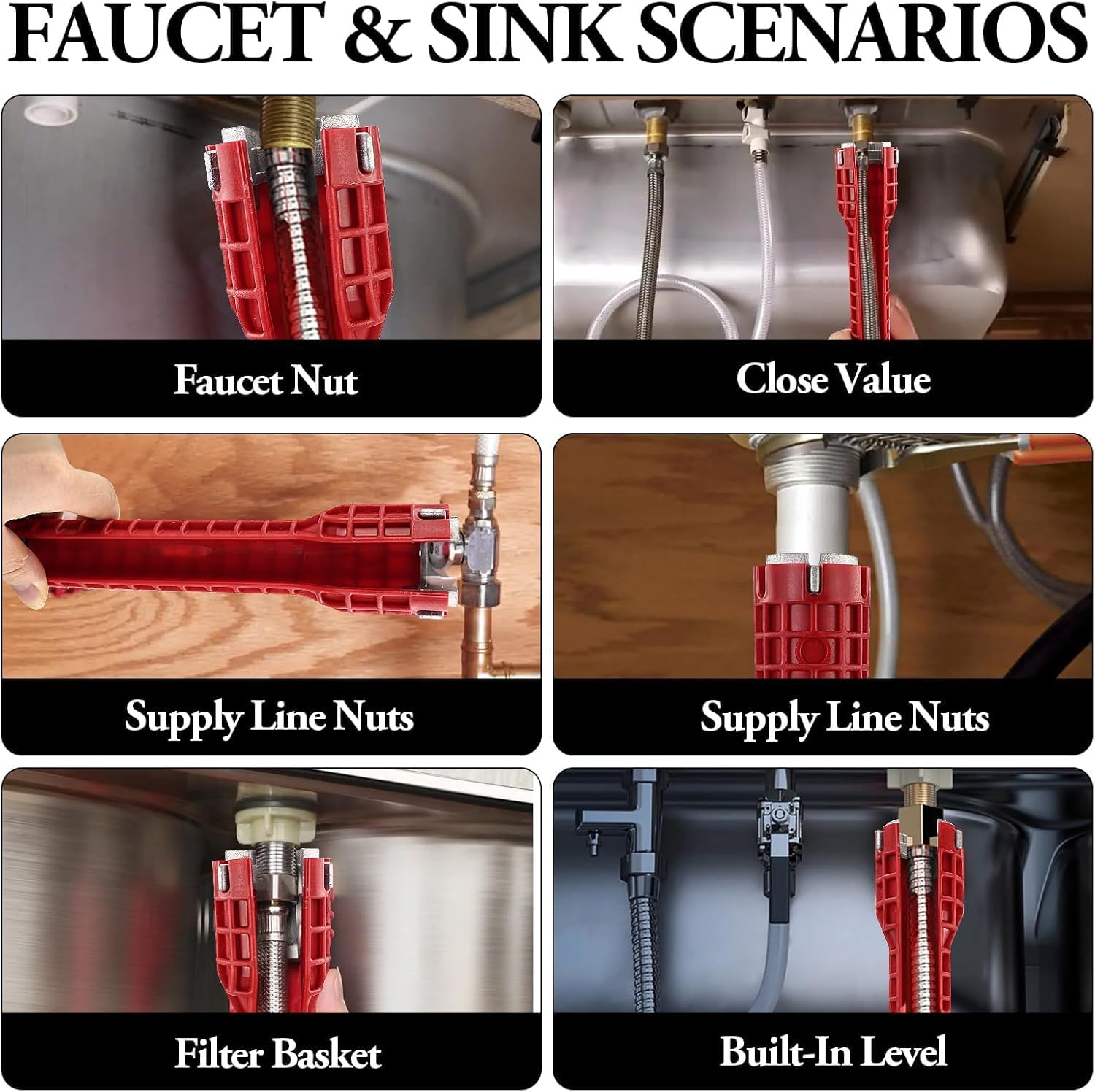 Clé de robinet 8 en 1 - Outil multifonction pour installation de robinet - Pour lavabo, salle de bain, cuisine - 6