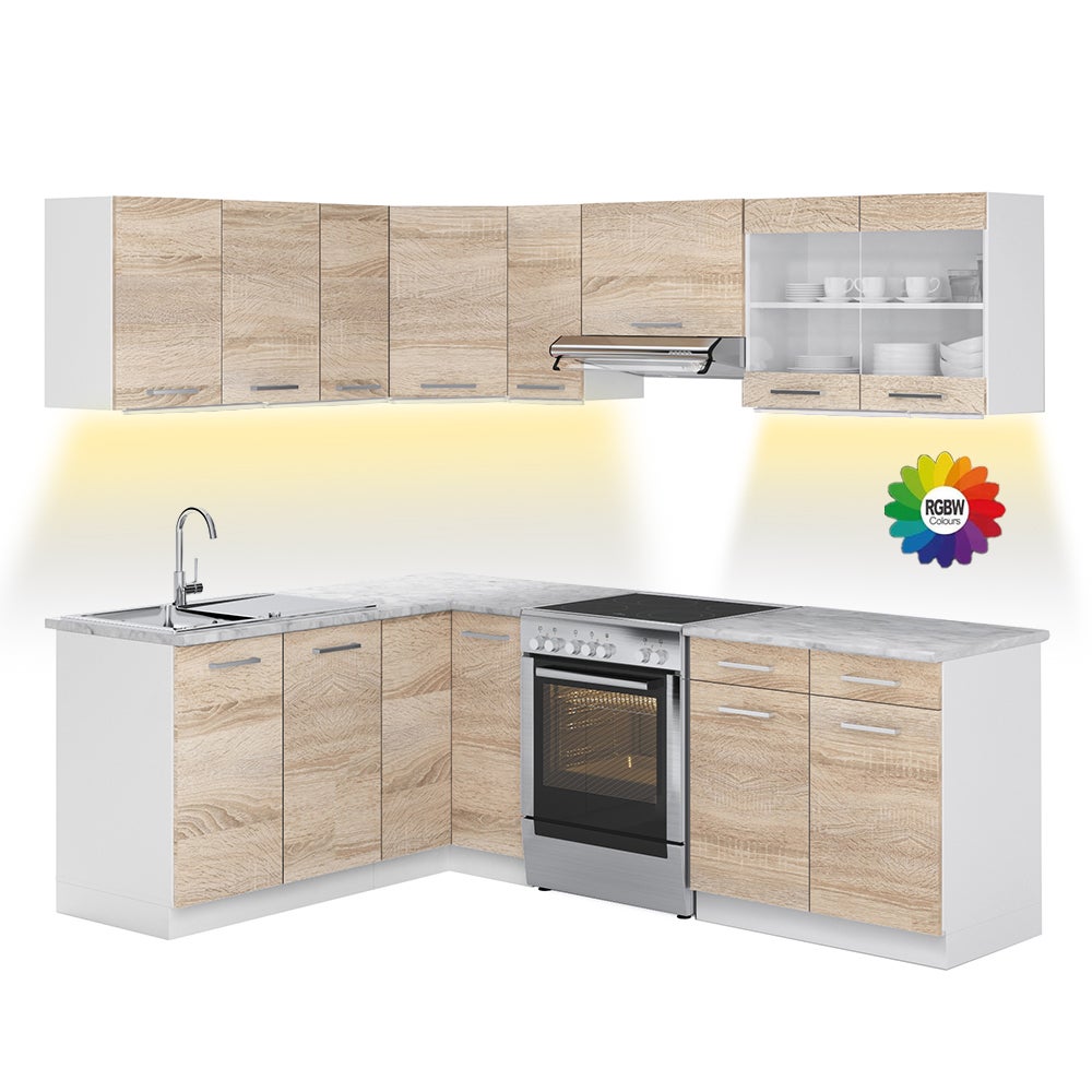 Vicco Kuchnia narożna Rick, Biały/Sonoma, 227 x 60 cm , BP Marmur z taśmą LED