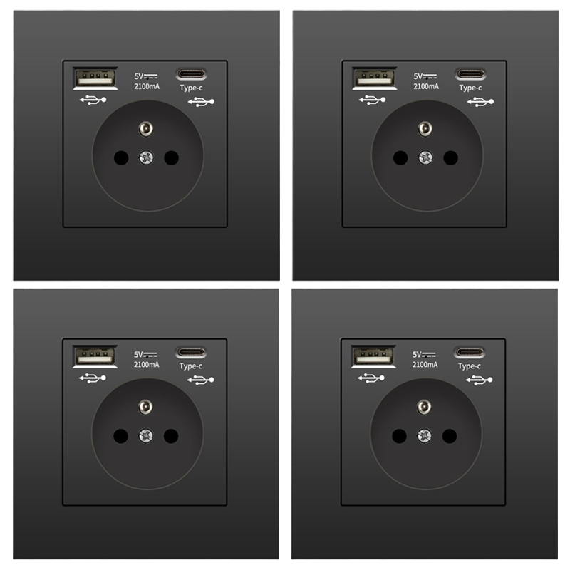 Zestaw 4 gniazdek ściennych z USB i Type-C, 5 V 2,1 A, standardowe gniazdo USB do zabudowy UE, listwa zasilająca Francja, 110-250 V (czarne)