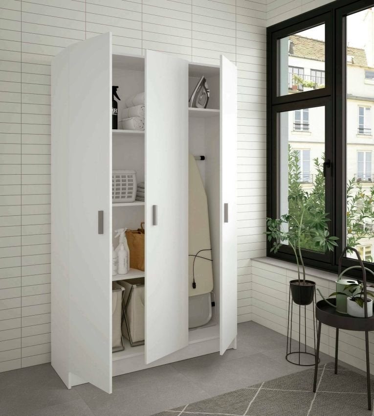 Grande armoire polyvalente Ranuncolo, Armoire auxiliaire avec 3 portes, Étagère à chaussures avec étagères, Armoire à balais, 109x37h180 cm, Blanc - 4