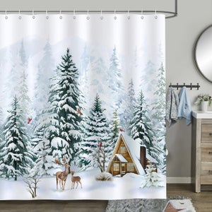 Rideau De Douche Noël Cozzsnuge – Plaid Rouge Père Noël & Rennes, 180x180 Cm, Imperméable, Polyester HD, 12 Crochets Inclus