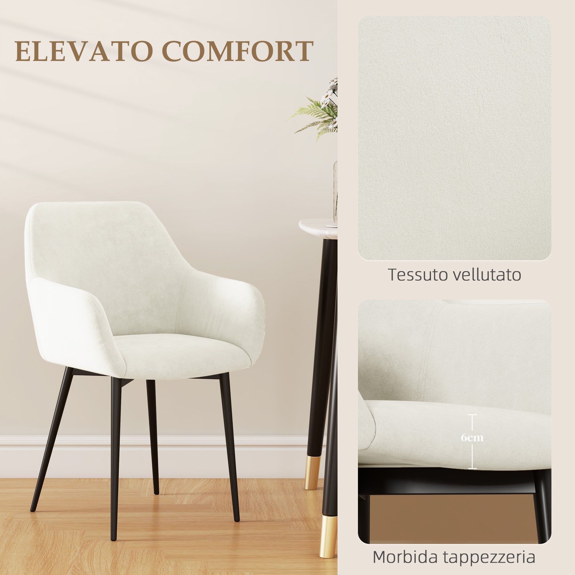 HOMCOM Set 2 Sedie da Pranzo Nordiche Imbottite con Braccioli Ricurvi in Tessuto Effetto Velluto, 54x57x80 cm, Crema - 5