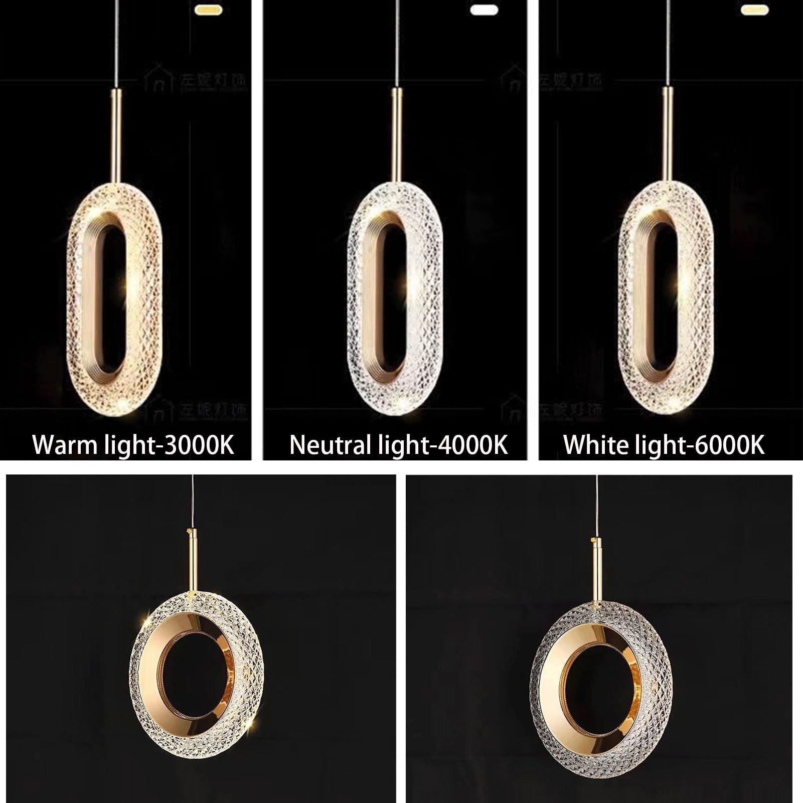 Oświetlenie sufitowe wiszące LED, okrągłe, kryształowe, złote, chromowane, 4000K, neutralne światło do sypialni, przedpokoju, kuchni - 5