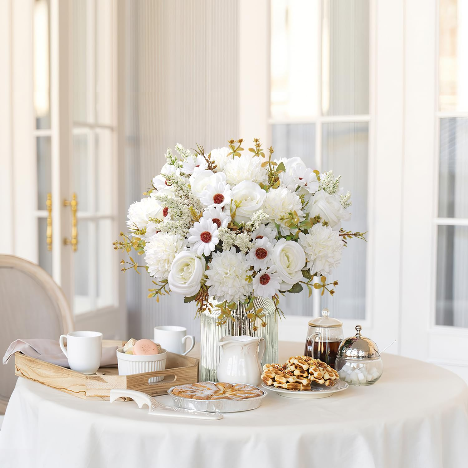 Lot de 4 bouquets de roses artificielles, 33 cm, roses en soie réalistes, pour décoration de table, cuisine, maison, blanc - 5