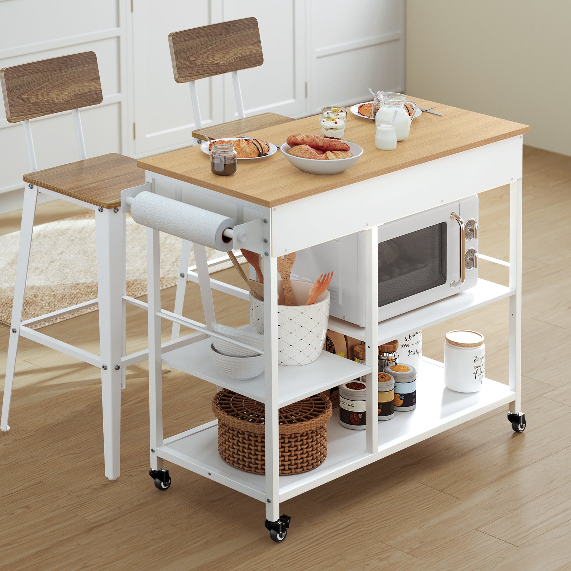 Desserte de Cuisine à Roulettes, Îlot de Cuisine Mobile, 45 x 98,7 x 90 cm, avec Porte-serviettes, 2 Tiroirs, 2 Crochets,Beige Chêne et Blanc Mat - 3