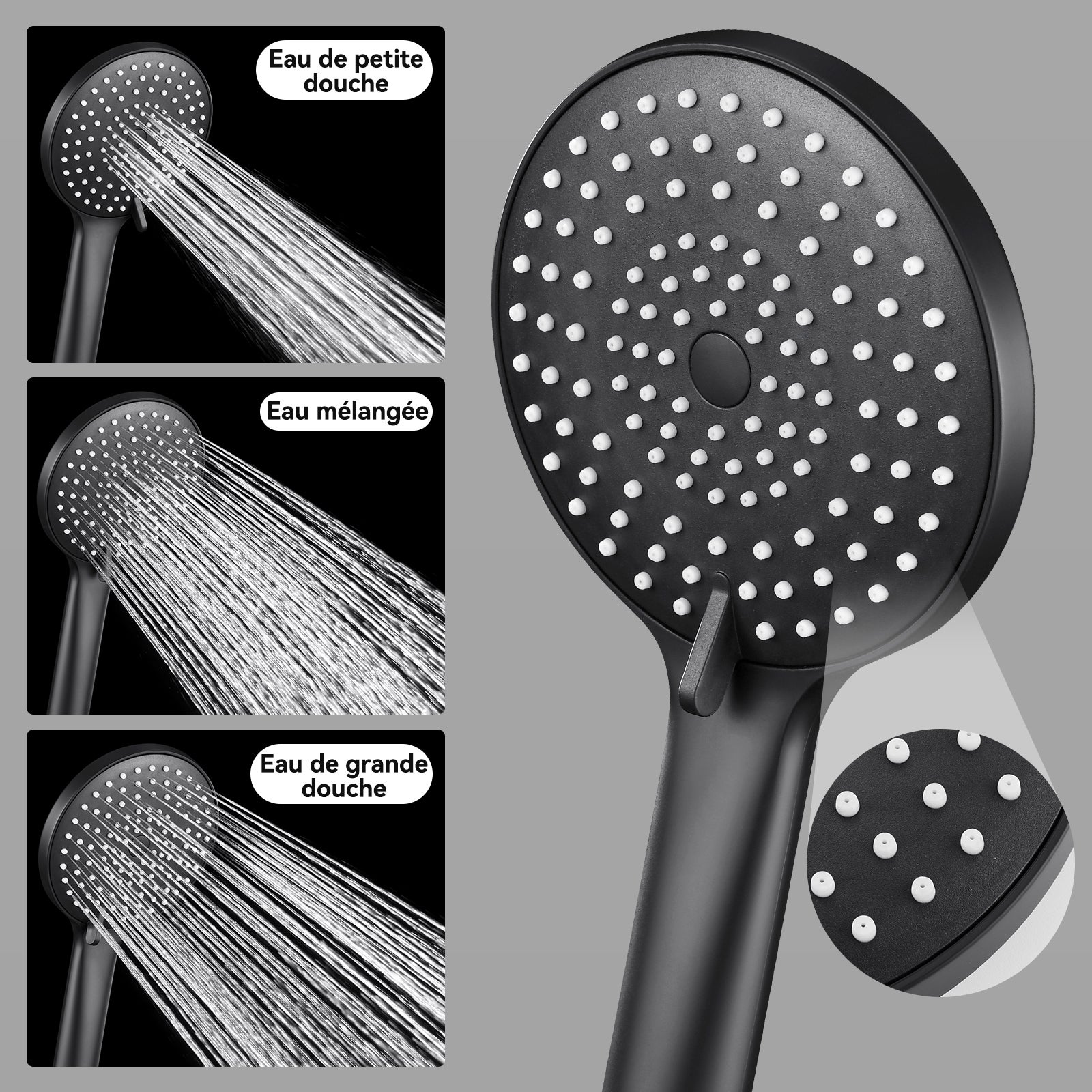 Columna de ducha negra,termostática,con cabezal de ducha 3 chorros, 25 x 25 cm Cabezal de ducha, altura ajustable,conjunto ducha para baño,redondo - 4
