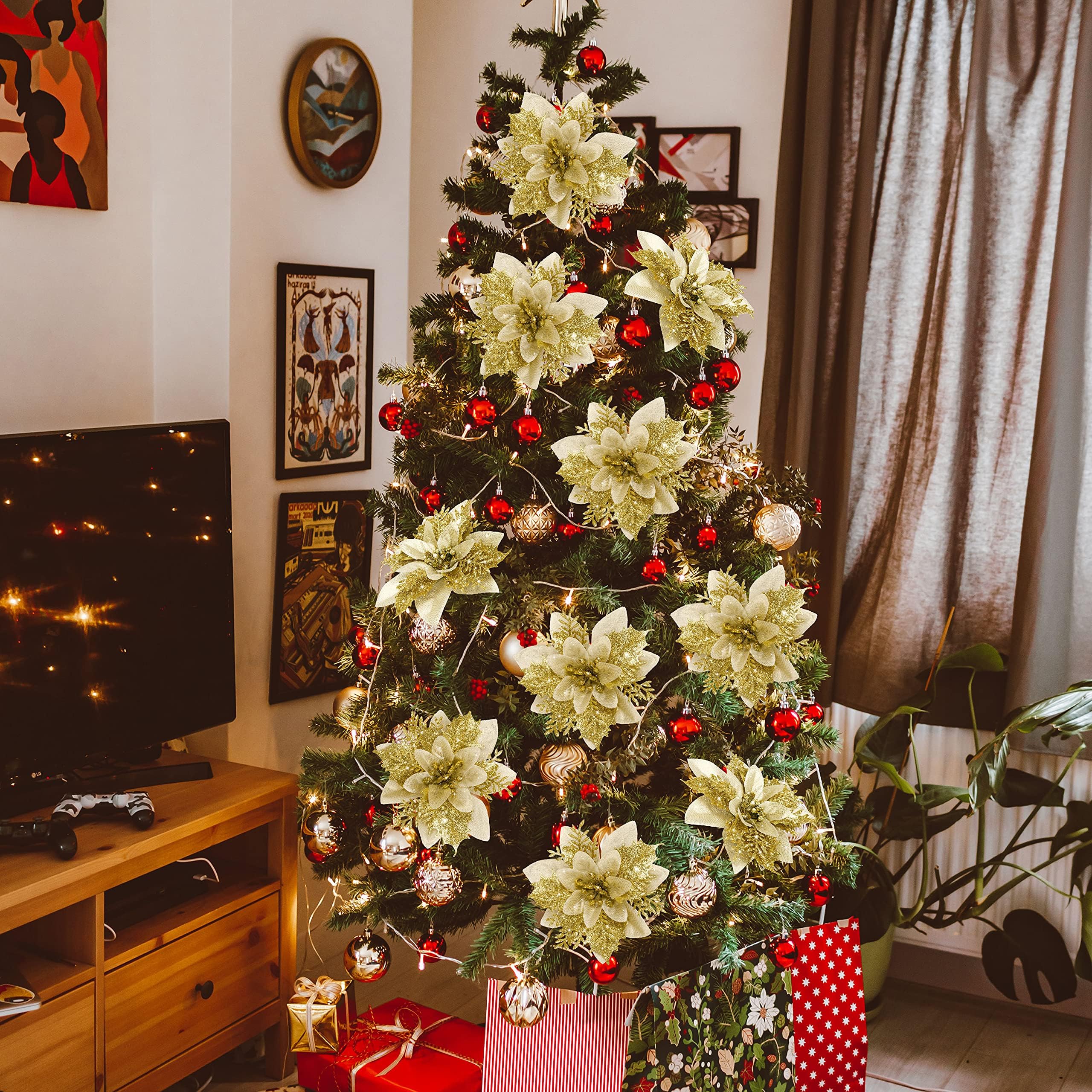 50 pièces décorations de noël, fleurs de noël artificielles avec clips, guirlande d'arbre de noël scintillante pendentifs de fleurs artificielles - 7