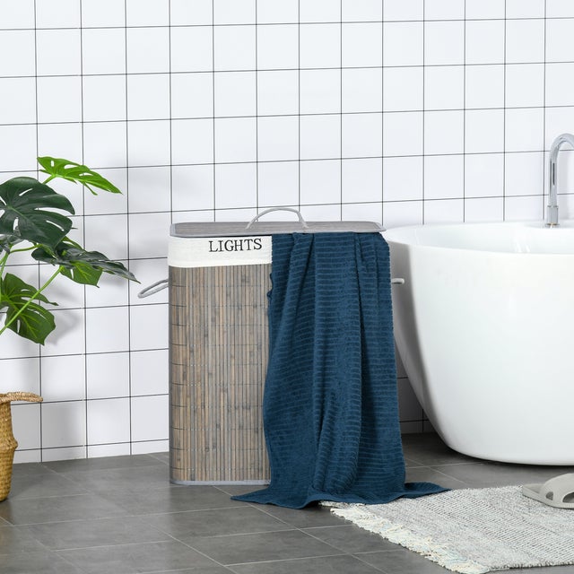 Cesto Ropa Sucia HOMCOM 100L de Bambú, 2 Compartimentos, Tapa Plegable con Mango, Bolsa Extraíble y Lavable, Color Gris