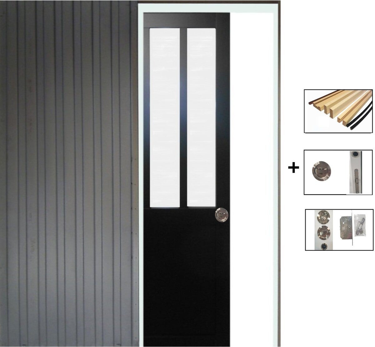 Porta Scorrevole Workshop Nero vetro satinato H204 x L73 + Sistema Pocket e kit di finitura inclusi senza maniglia - 2