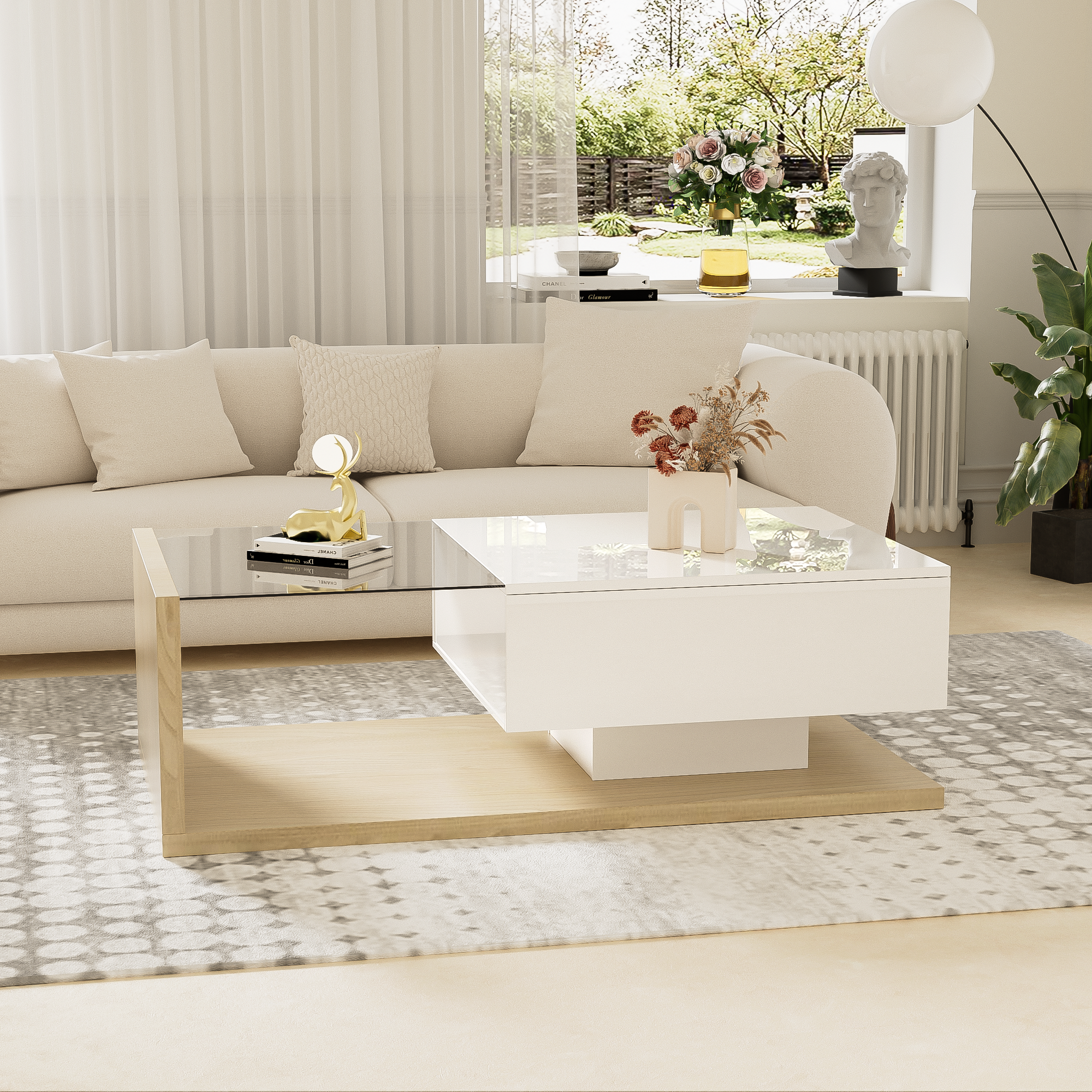 Table basse avec un tiroir et étagères - LEDs - 105x55x32,5cm - Panneaux de particules - Blanc brillant et bois - 3