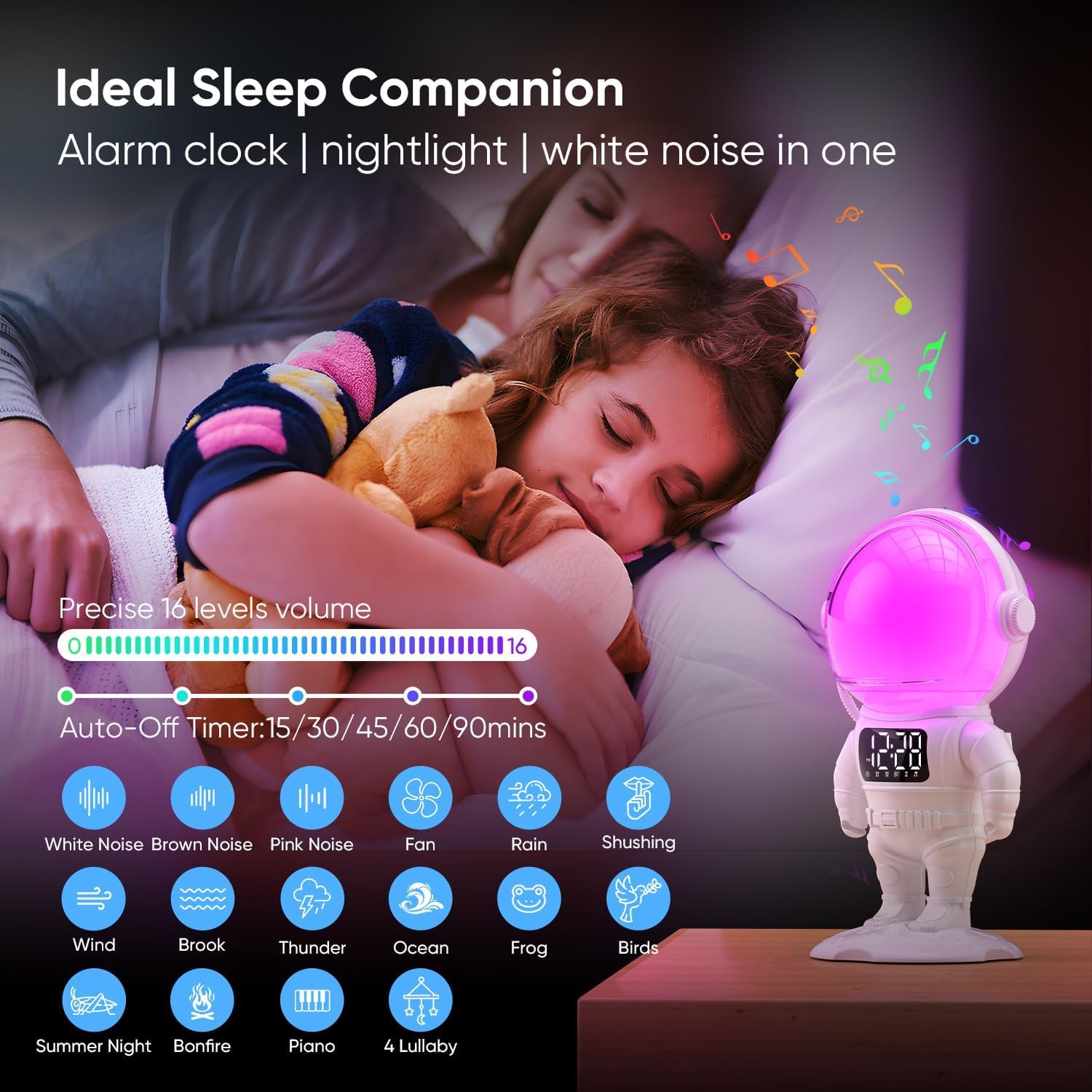 Réveil Enfant, Lampe de Réveil avec 7 Sonneries, 21 Sons Apaisants et Minuterie, Réveil Lumineux Enceinte Bluetooth, Lampe de Chevet Multicolore - 4
